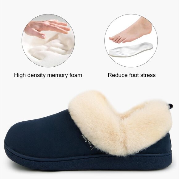 Women's Navy Blue Warm Winter Velvet Fuzzy Collar House Slippers Bootie Shoes - Picture 3 of 6